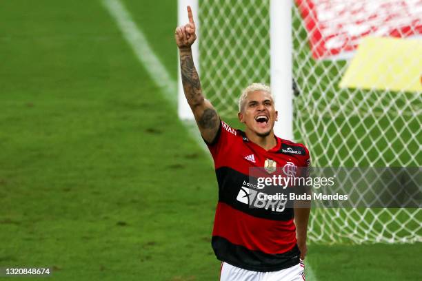 Pedro of Flamengo celebrates after scoring a goal during the match between Flamengo and Palmeiras as part of the Brasileirao 2021 at Maracana Stadium...