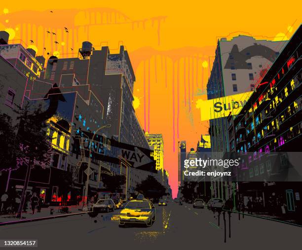 illustrazioni stock, clip art, cartoni animati e icone di tendenza di illustrazione grunge di new york - taxi giallo