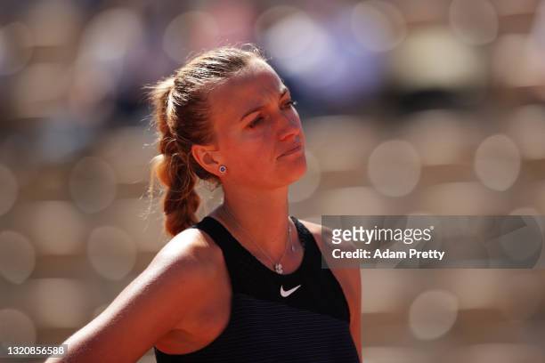 Petra Kvitova of The Czech Republic reacts in her First Round match against Greet Minnen of Belgium during Day One of the 2021 French Open at Roland...