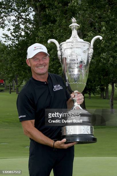 Alex Cejka of Germany poses with the trophy after winning the Senior PGA Championship at Southern Hills Country Club on May 30, 2021 in Tulsa,...