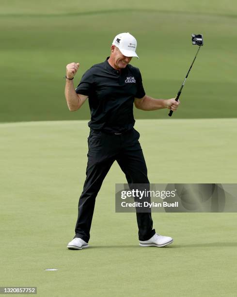 Alex Cejka of Germany reacts after making par on the 18th green to win the Senior PGA Championship at Southern Hills Country Club on May 30, 2021 in...