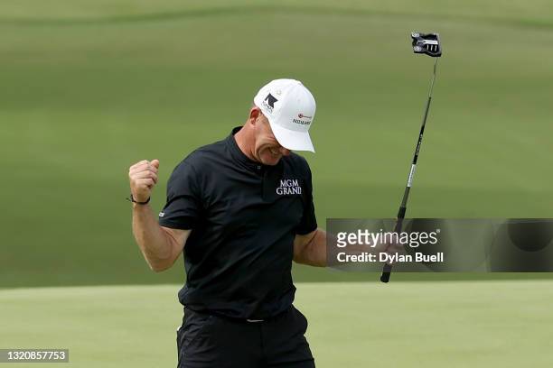Alex Cejka of Germany reacts after making par on the 18th green to win the Senior PGA Championship at Southern Hills Country Club on May 30, 2021 in...