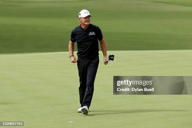 Alex Cejka of Germany reacts after making par on the 18th green to win the Senior PGA Championship at Southern Hills Country Club on May 30, 2021 in...