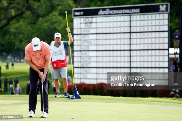 Jason Kokrak putts on the 18th hole to win the Charles Schwab Challenge at Colonial Country Club on May 30, 2021 in Fort Worth, Texas.