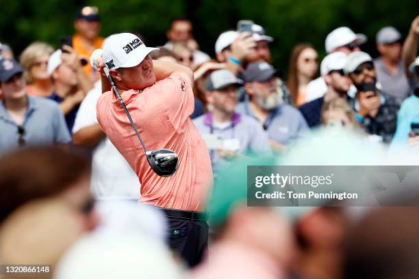 Jason Kokrak hits his tee shot on the 14th hole during the final round of the Charles Schwab Challenge at Colonial Country Club on May 30, 2021 in...