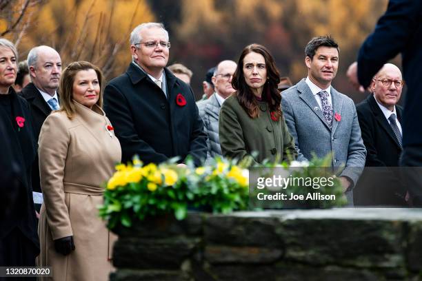 Jenny Morrison, Australian Prime Minister Scott Morrison, New Zealand Prime Minister Jacinda Ardern, and her partner Clarke Gayford looks on during...