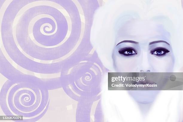 porträt einer frau mit blauen augen und blonden haaren in kalten farben. weißer flauschiger kragen. nahaufnahme - kosmetik gesicht pinsel stock-grafiken, -clipart, -cartoons und -symbole