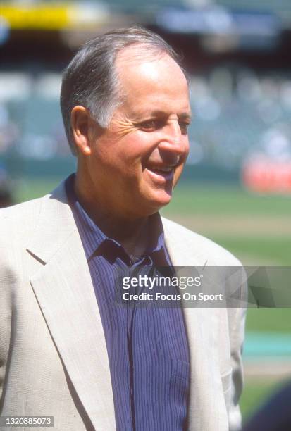 General Manager Pat Gillick of the Baltimore Orioles looks on prior to the start of a Major League Baseball game circa 1996 at Oriole Park at Camden...