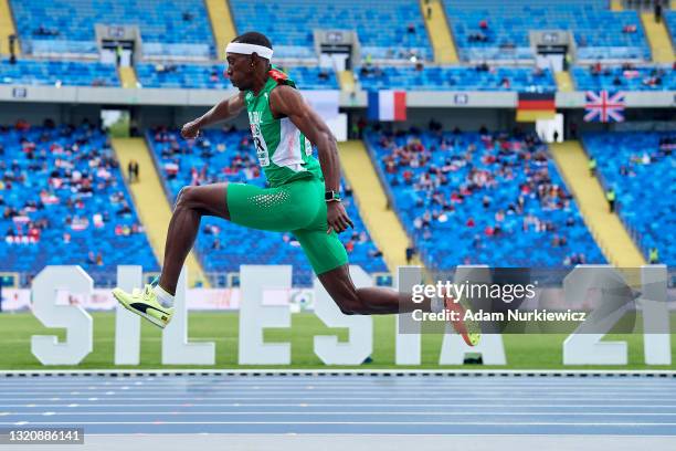 Pedro Pichardo from Portugal competes in the men's triple jump final during the European Athletics Team Championships at Silesian Stadium on May 30,...