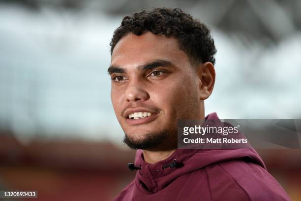 Xavier Coates speaks to media during a Queensland Maroons State of Origin media opportunity at Suncorp Stadium on May 31, 2021 in Brisbane, Australia.