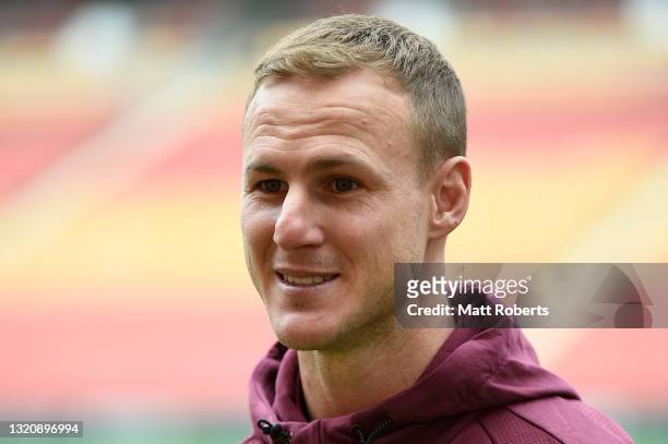 Daly Cherry-Evans speaks to media during a Queensland Maroons State of Origin media opportunity at Suncorp Stadium on May 31, 2021 in Brisbane,...