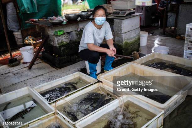 Vendor sells fish at an open market on May 31, 2021 in Wuhan, China. A renewed interest in the origins of COVID-19 has emerged after U.S. President...