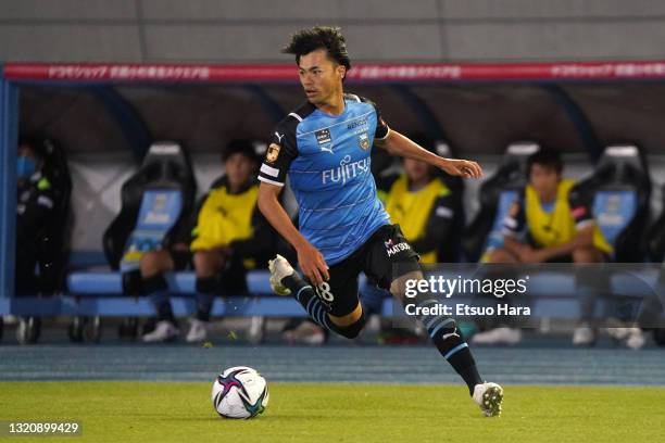 Kaoru Mitoma of Kawasaki Frontale attempts a shot during the J.League Meiji Yasuda J1 match between Kawasaki Frontale and Kashima Antlers at the...