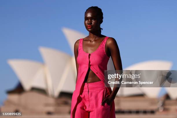 Model walks the runway during the BONDI BORN show during Afterpay Australian Fashion Week 2021 Resort '22 Collections at the Northern Wharf...