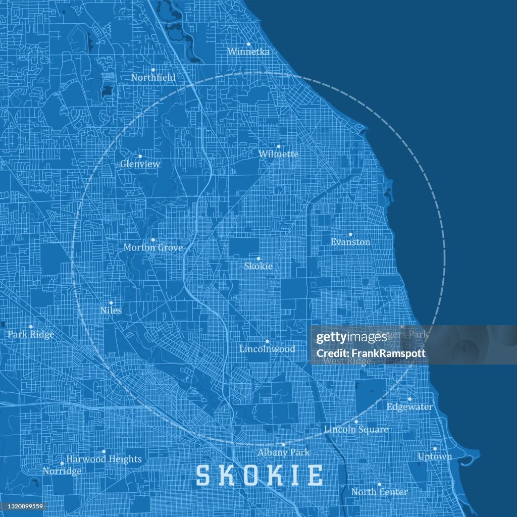 Skokie IL City Vector Road Map Blue Text