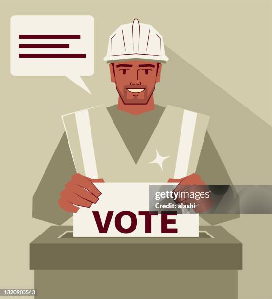 illustrazioni stock, clip art, cartoni animati e icone di tendenza di operaio sorridente che vota alle urne al seggio elettorale durante le elezioni - ballot box