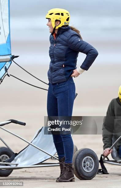 Catherine, Duchess of Cambridge takes part in a land yachting session on West Sands beach on May 26, 2021 in St Andrews, Scotland.