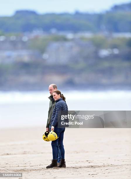 Prince William, Duke of Cambridge and Catherine, Duchess of Cambridge on West Sands beach before taking part in a land yachting session on May 26,...