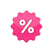 Notched stamp 3d with percent vector icon. Pink label blot with white discount special