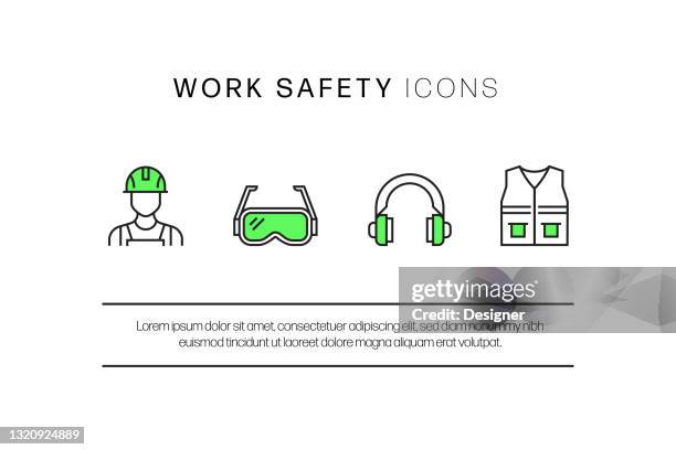 work safety related flat line icons. vector symbol illustration. - construction worker mask stock illustrations