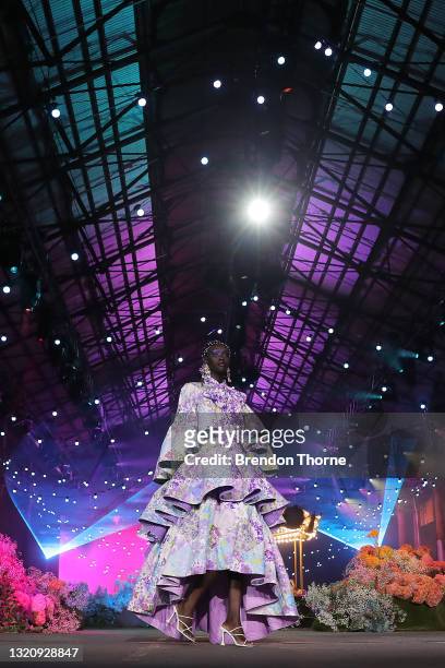 Model walks the runway during the Romance Was Born show during Afterpay Australian Fashion Week 2021 Resort '22 Collections at Carriageworks on May...