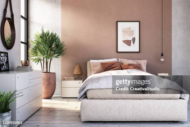 modern slaapkamerbinnenland - voorraadfoto - bright bedroom stockfoto's en -beelden