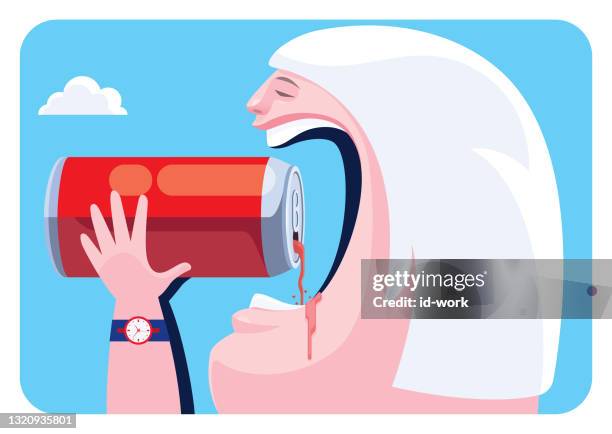 senior woman holding soda can and drinking - fat female cartoon characters stock illustrations