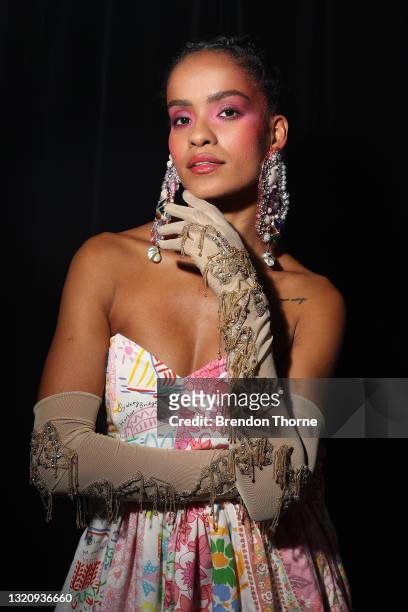 Model poses backstage ahead of the Romance Was Born show during Afterpay Australian Fashion Week 2021 Resort '22 Collections at Carriageworks on May...