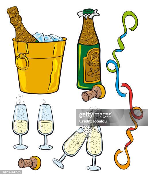 bottle, flute and champagne cork design elements - exploding glass stock illustrations