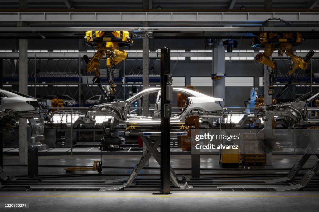 3d render of a car on robotic welding line