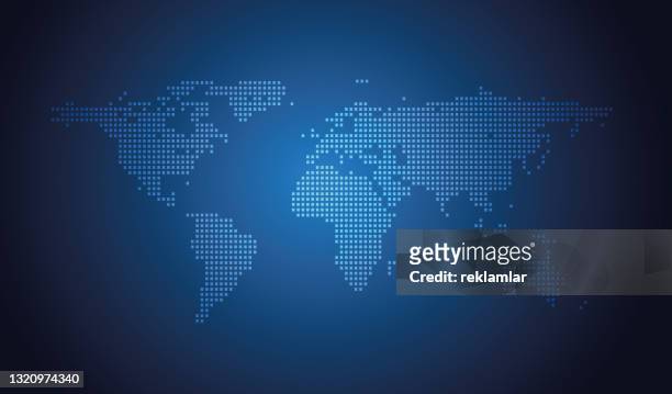 vector abstract, science, futuristic, energy technology concept. digital image of rays of light, striped lines with blue light, world map on dark blue background - world map stock illustrations