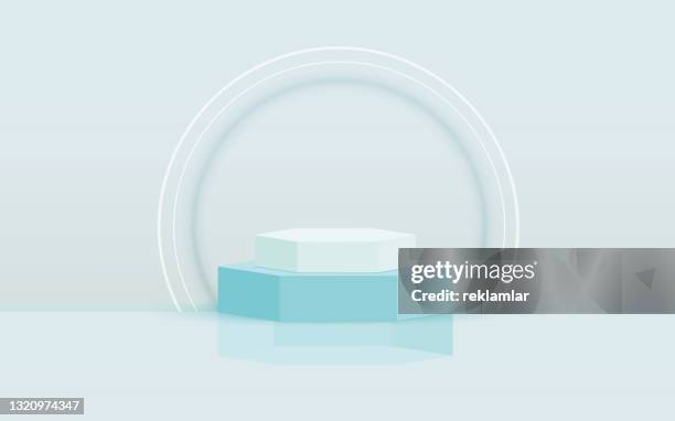 illuminated abstract hexagon podium with white light vector background. stage background.studio background with realistic podium - stage light 3d stock illustrations