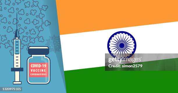 coronavirus vaccine: syringe and vials with indian flag background - vaccination india stock illustrations