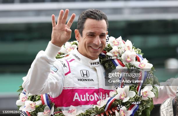 Helio Castroneves during a portrait session at the finish line a day after winning the Indianapolis 500 at Indianapolis Motor Speedway on May 31,...