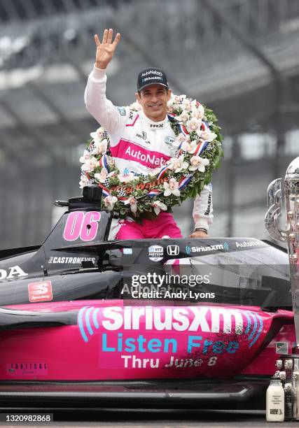 Helio Castroneves during a portrait session at the finish line a day after winning the Indianapolis 500 at Indianapolis Motor Speedway on May 31,...