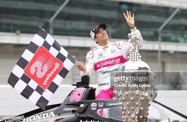 Helio Castroneves during a portrait session at the finish line a day after winning the Indianapolis 500 at Indianapolis Motor Speedway on May 31,...