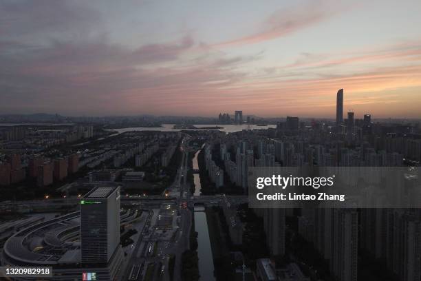General view the skyline of the Suzhou city central during sunset on May 31, 2021 in Suzhou, China.