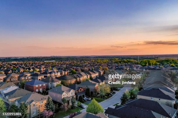 aerial view of residential distratic at major mackenzie dr. and islinton ave., detached and duplex house at woodbridge and kleinburg, vaughan, canada - aerial view stock pictures, royalty-free photos & images