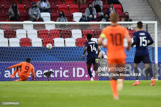 Myron Boadu of Netherlands scores their side's second goal during the 2021 UEFA European Under-21 Championship Quarter-finals match between...