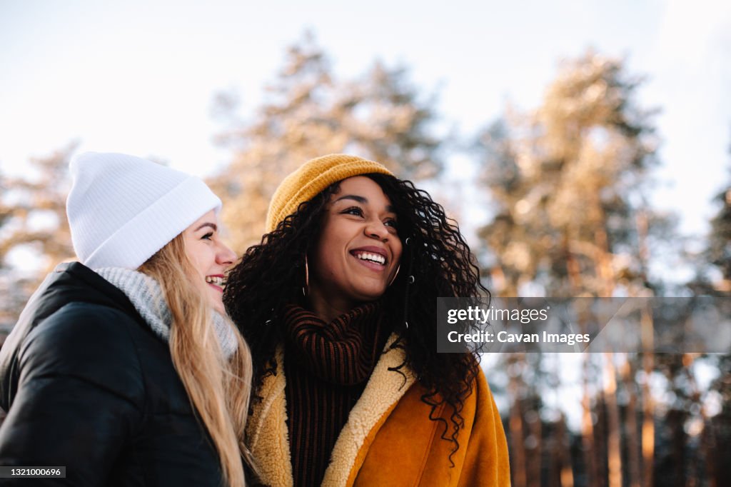 Portrait of happy girlfriends standing in forest during winter