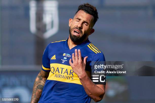 Carlos Tevez of Boca Juniors reacts during a semifinal match of Copa de la Liga Profesional 2021 between Boca Juniors and Racing Club at San Juan del...