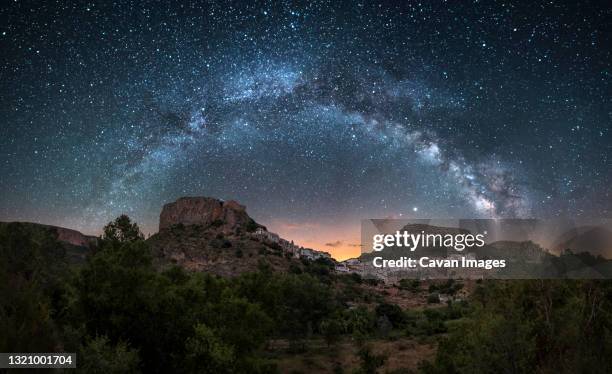 night panoramic view of the milky way over a town in spain, chulilla - observatory fotografías e imágenes de stock