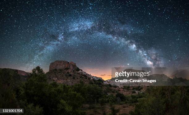 night panoramic view of the milky way over a town in spain, chulilla - observatory foto e immagini stock