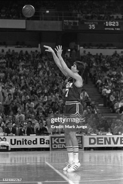 New Orleans Jazz guard Pete Maravich shoots a free throw during an NBA basketball game against the Denver Nuggets at McNichols Arena on January 12,...
