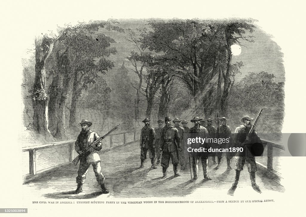 American Civil War, Unionist Scouting party in Virginian woods, near Alexandria, 1861, 19th Century