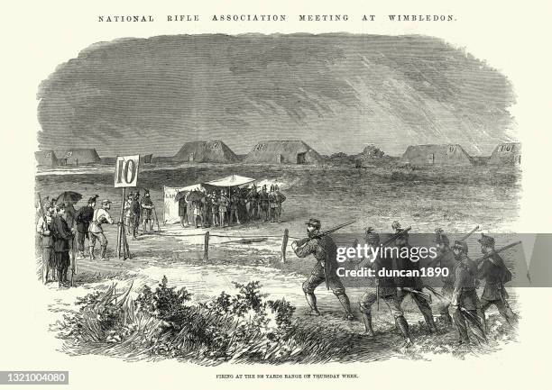 firing range at national rifle association meeting at wimbledon, 1861, 19th century - national rifle association stock illustrations