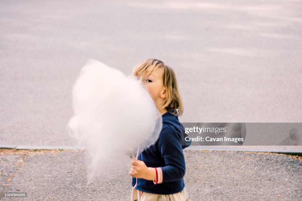 Cute young girl 3-4 years old eating cotton candy