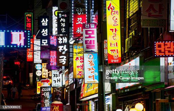 neon signs on back alley in seoul - seoul stock photos et images de collection