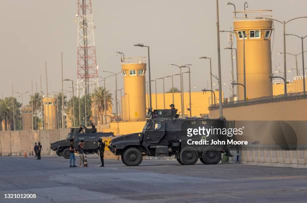 Iraqi Counter Terrorism Forces stand guard outside the U.S. Embassy on May 30, 2021 in Baghdad, Iraq. Coalition forces based in Baghdad's...