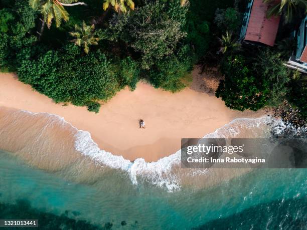 aerial of newlyweds young couple laying down on sri lanka empty beach - sri lanka stock-fotos und bilder